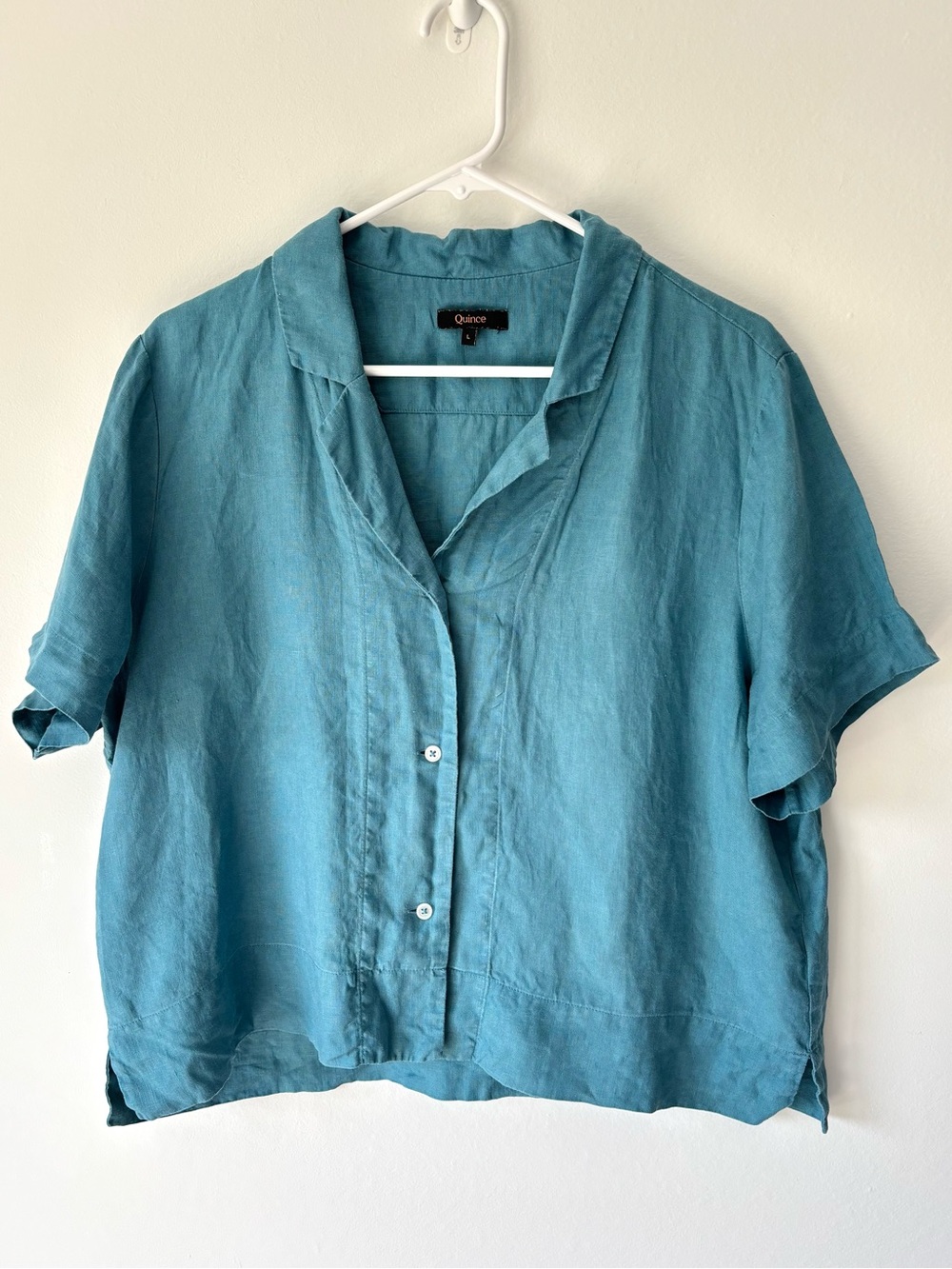 Quince 100% European Linen Short Sleeve Shirt Mineral Blue Teal Relaxed Fit
